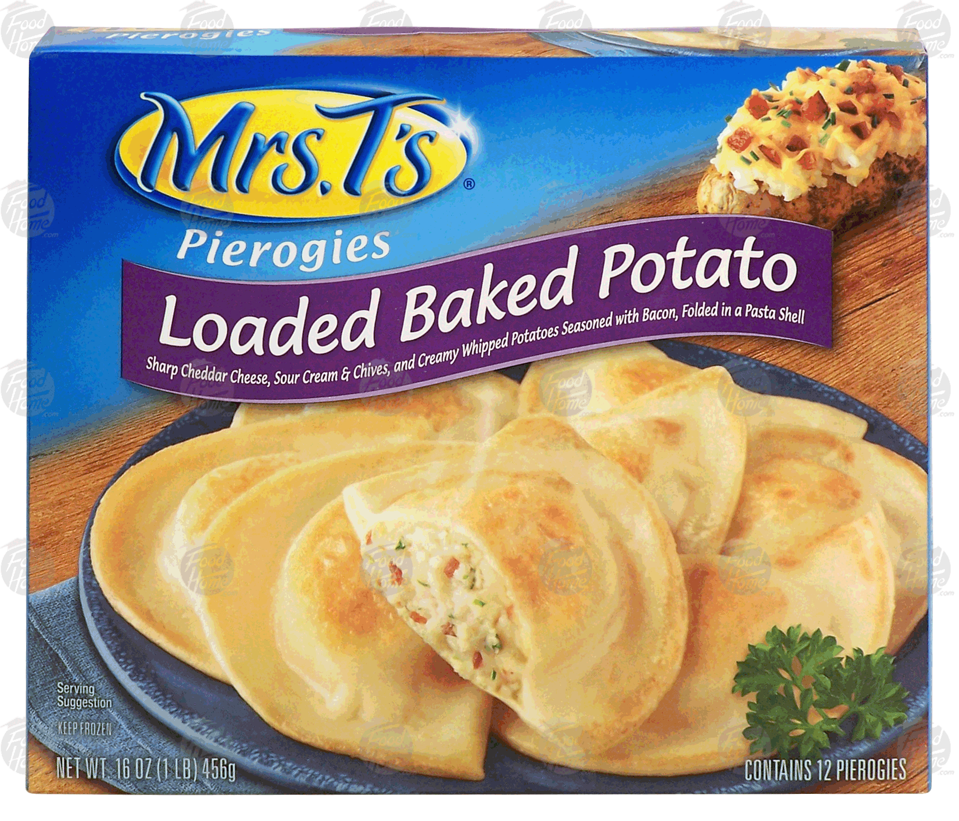 Mrs. T's Pierogies loaded baked potato; sharp cheddar cheese, sour cream & chives, and potatoes seasoned w/bacon, 12 ct Full-Size Picture